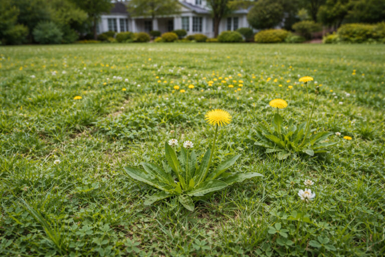 Broadleaf weeds growing throughout a residential lawn in Fairfield County Connecticut