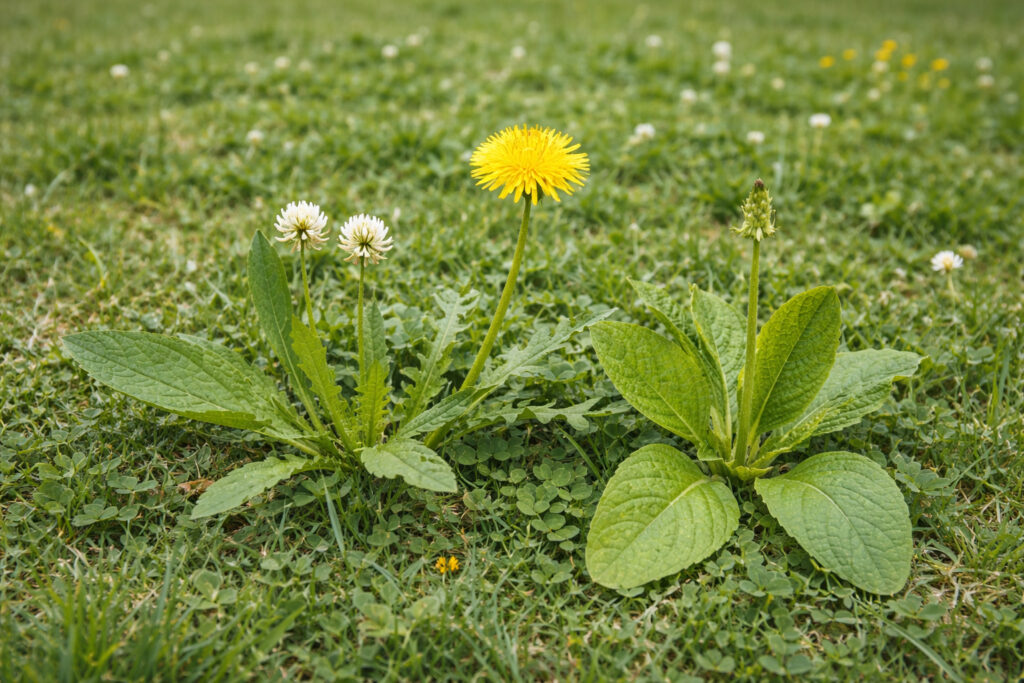 Common broadleaf weeds including dandelion, clover, and plantain in a Connecticut lawn