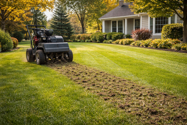 Professional lawn aeration service on a residential lawn in Fairfield County Connecticut during early fall