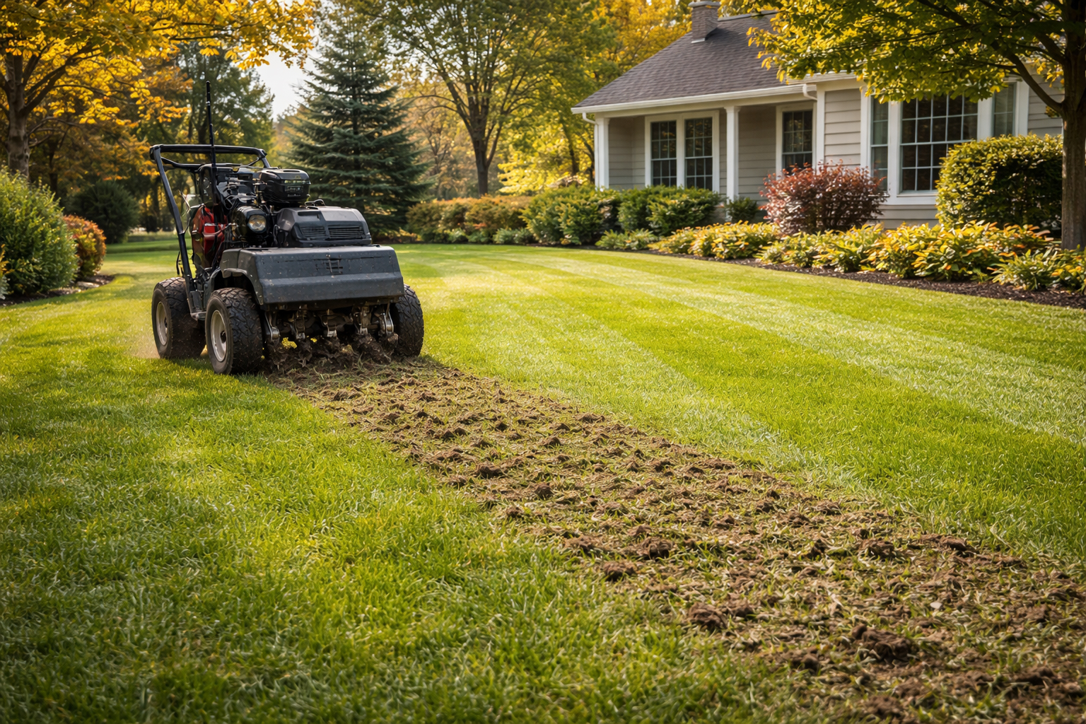 Professional lawn aeration service on a residential lawn in Fairfield County Connecticut during early fall
