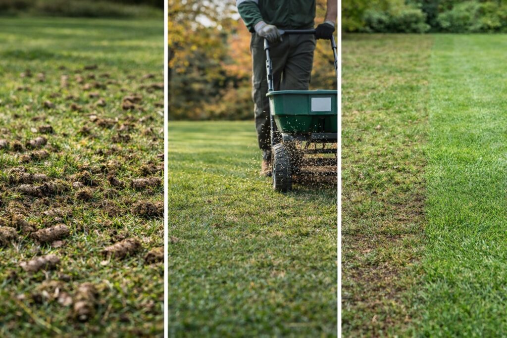 Lawn aeration overseeding and before-and-after turf improvement on a residential lawn in Fairfield County Connecticut